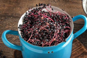Black elder berries in a pot
