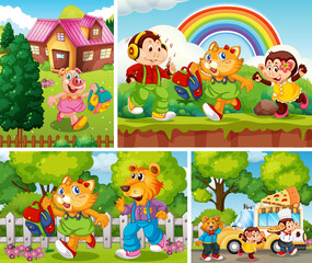 Set of animal students on outdoor background