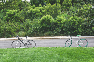 Fototapeta premium Two modern road bicycles parked on a lawn next to the road