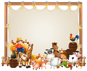 Fototapeta premium Canvas wooden frame template with animal farm set isolated