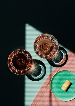 Glasses of rose wine on the table
