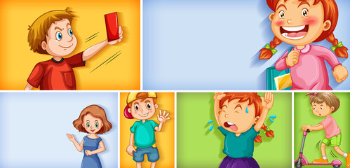 Set of different kid characters on different color background