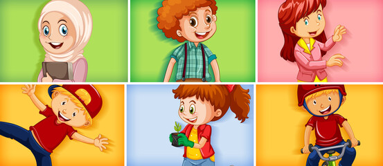 Set of different kid characters on different color background