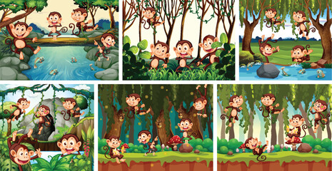 Set of playful monkey in nature background © GraphicsRF