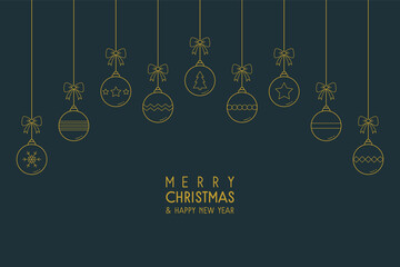 Xmas background with decorations. Hanging Christmas balls with text. Vector