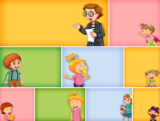 Set of different kid characters on different color background