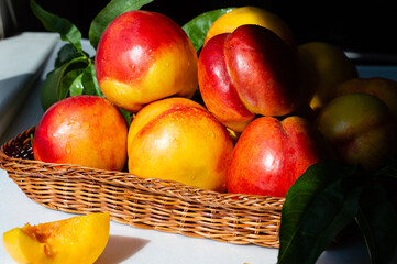 Ripe peaches in a basket on a white wooden background. Summer. Peach harvest. Vitamins for the body. Bright textural background. .