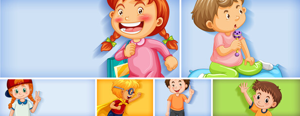 Set of different kid characters on different color background