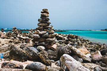 Fototapeta na wymiar rock on the shout of baby beach in Aruba in southern Antilles islands of ABC 
