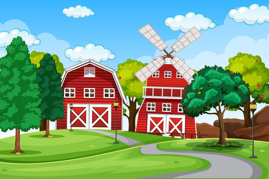 Farm scene in nature with barn and windmill