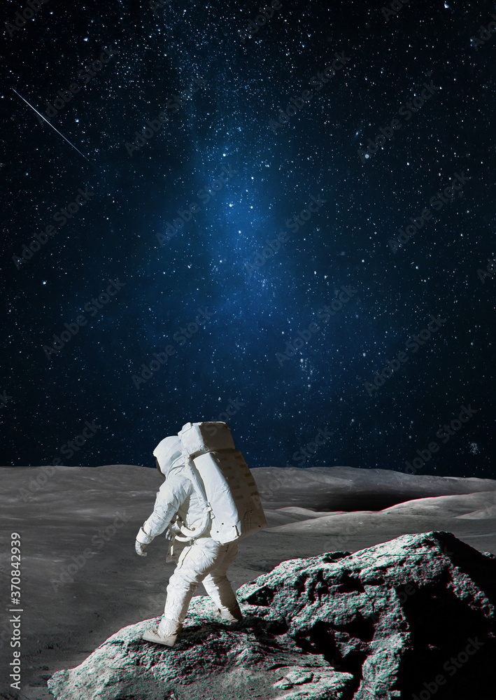 Leinwandbilder Astronaut on Moon surface. Stars and deep space on background. Vertical wallpaper. Apollo space program. Expedition to satellite. Elements of this image furnished by NASA	
