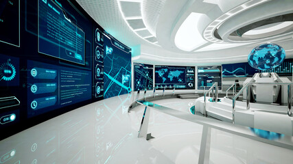 Command center, futuristic interior, 3D rendering, control room, war room