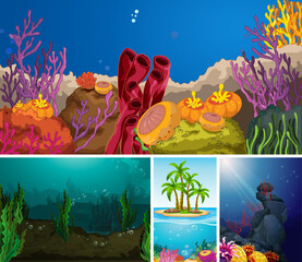 Four different scene of tropical beach and underwater with sea creater
