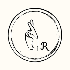 This is a retro image of a letter from the American alphabet in the style of ink drawing. This is a hand gesture for deaf people signifying the letter R.