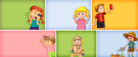 Set of different kid characters on different color background