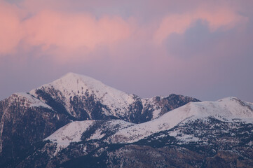 Naklejka na ściany i meble Snowy mountains of the Ordesa and Monte Perdido National Park at sunset. Pyrenees. Huesca. Aragon. Spain.
