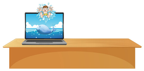 Laptop on table ocean scene background