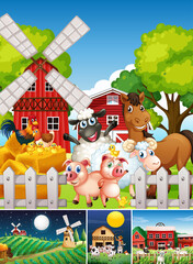 Set of different farm scenes with animal farm cartoon style