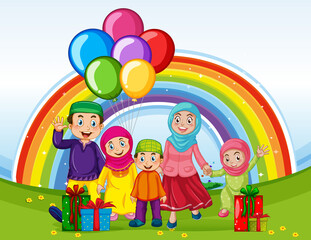 Arab muslim family in traditional clothing on holiday with rainbow background