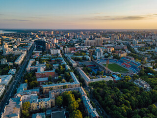 Evening summer Voronezh skyline, aerial view from drone