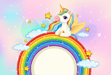 Blank banner with cute unicorn on rainbow in the pastel sky background