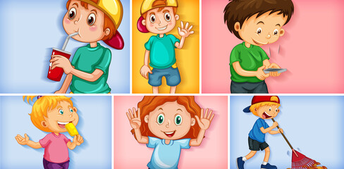 Set of different kid characters on different color background