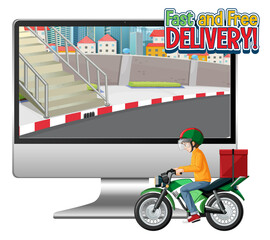 Obraz premium Computer with bike man or courier and fast and free delivery logo