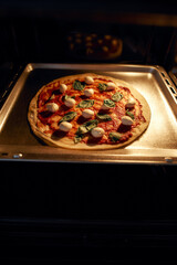 Close up shot of home made pizza margherita baking in the oven. Cooking at home concept