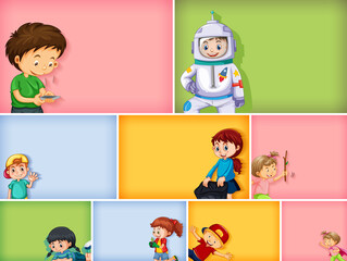 Set of different kid characters on different color background
