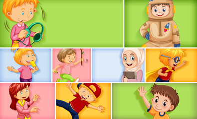 Fototapeta premium Set of different kid characters on different color background