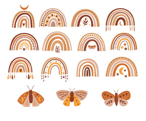 Beautiful baby neutral bohemian rainbows illustration. Modern rainbows. Boho rainbows for baby shower invitations, cards, nursery room posters. Vector bohemian rainbows