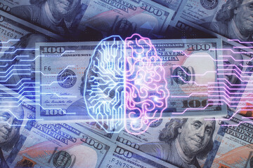Double exposure of brain drawing over us dollars bill background. Technology concept.