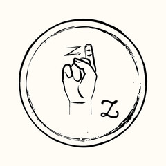 This is a retro image of a letter from the American alphabet in the style of ink drawing. This is a hand gesture for deaf people signifying the letter Z.