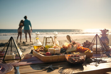 Fresh food on dining table with mature couple looking at sea during sunny day, Riviera Nayarit, Mexico