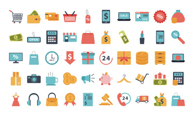 bundle of fifty shopping set collection icons