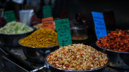 Sweets on a street market. The inscription 