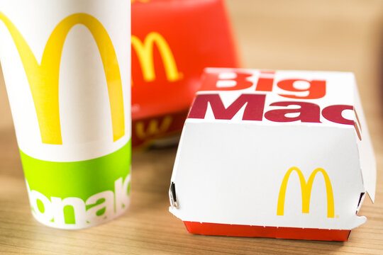 Ljubljana, Slovenia - December 27, 2018: Big Mac Box with McDonald's logo on table in McDonald's Restaurant