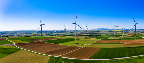 Germany, Rhineland-Palatinate, Gabsheim, Helicopter view of countryside wind farm in summer