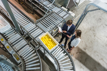 Business people inspecting production while standing in factory