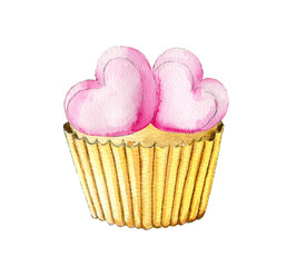 Hand painted watercolor cupcake with two pink hearts isolated on the white background