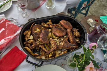 Roasted meat in a roasting tin