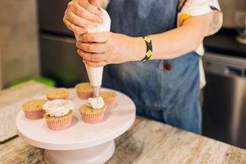 Close-up of mature woman icing cupcakes on cakestand in workshop