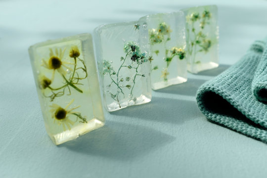 Various wildflowers cast in transparent bars of glycerine soaps