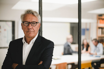 Portrait of a senior businessman with coworkers working in background