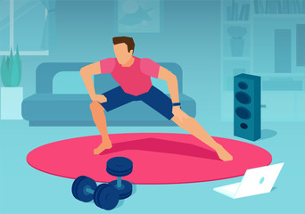 Obraz premium Vector of a fit man exercising together with fitness instructor on laptop