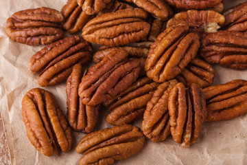 background of pecans, top view, close up