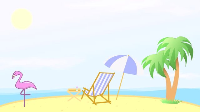 animation of a beach on a tropical island with an empty place for text, summer seaside vacation concept. Copy space