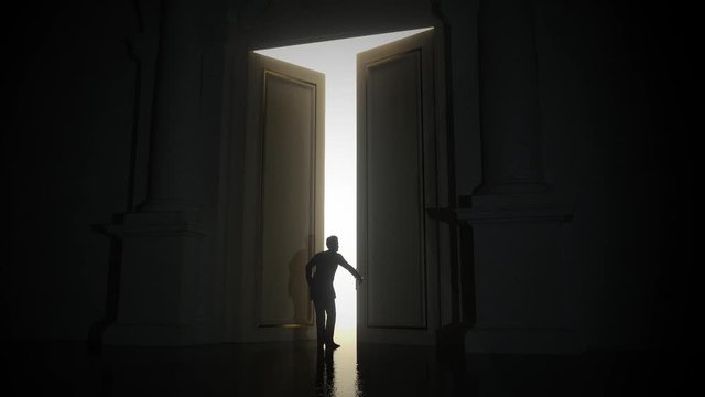 A silhouetted man approaches a large double door and opens it, revealing a large bright light behind.  He enters, looking around and starts walking confidently onwards in to the light.