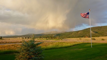 flag, sky, blue, red, wind, white, national, symbol, clouds, pole, green, grass, landscape, country, flags, union, waving, nation, patriotism, USA,, US flag,America, American Flag, Wyoming 