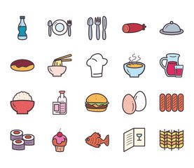 Food line and fill style icons bundle vector design